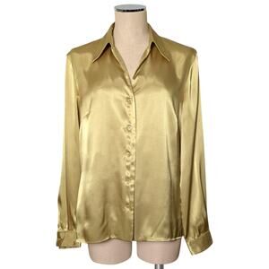Vintage Y2K 90'S JOAN LESLIE Satin Gold Metallic Button Up Blouse Shirt 10